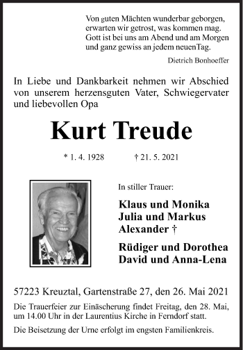 Traueranzeige von Kurt Treude von Siegener Zeitung