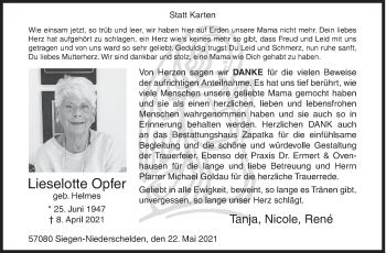 Traueranzeige von Lieselotte Opfer von Siegener Zeitung