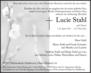 Traueranzeige von Lucie Stahl von Siegener Zeitung