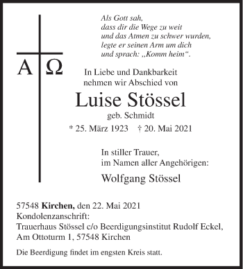 Traueranzeige von Luise Stössel von Siegener Zeitung