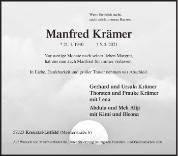Traueranzeige von Manfred Krämer von Siegener Zeitung