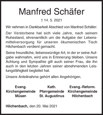 Traueranzeige von Manfred Schäfer von Siegener Zeitung