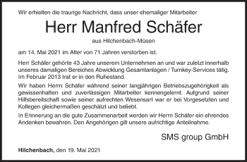 Traueranzeige von Manfred Schäfer von Siegener Zeitung