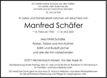 Traueranzeige von Manfred Schäfer von Siegener Zeitung