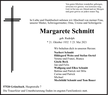 Traueranzeige von Margarete Schmitt von Siegener Zeitung