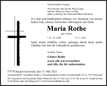 Traueranzeige von Maria Rothe von Siegener Zeitung