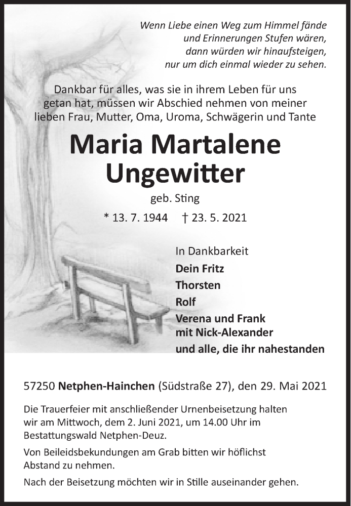  Traueranzeige für Maria Martalene Ungewitter vom 29.05.2021 aus Siegener Zeitung