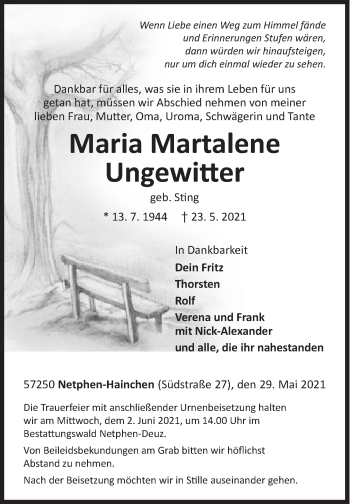 Traueranzeige von Maria Martalene Ungewitter von Siegener Zeitung
