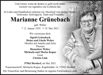 Traueranzeige von Marianne Grünebach von Siegener Zeitung