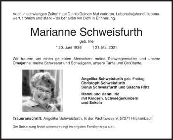 Traueranzeige von Marianne Schweisfurth von Siegener Zeitung