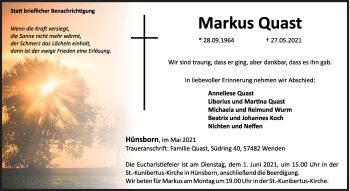 Traueranzeige von Markus Quast von Siegener Zeitung