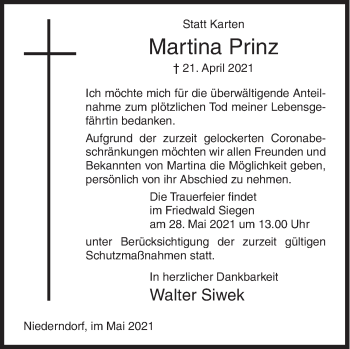 Traueranzeige von Martina Prinz von Siegener Zeitung