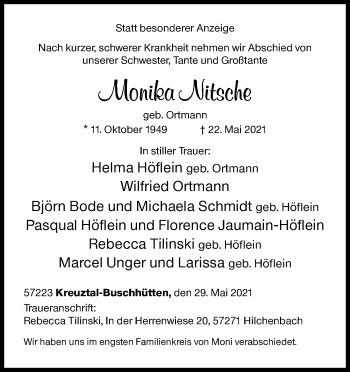Traueranzeige von Monika Nitsche von Siegener Zeitung