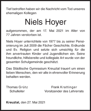Traueranzeige von Niels Hoyer von Siegener Zeitung