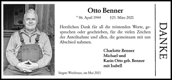 Traueranzeige von Otto Benner von Siegener Zeitung