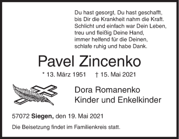 Traueranzeige von Pavel Zincenko von Siegener Zeitung