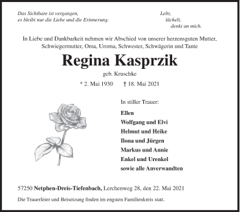Traueranzeige von Regina Kasprzik von Siegener Zeitung