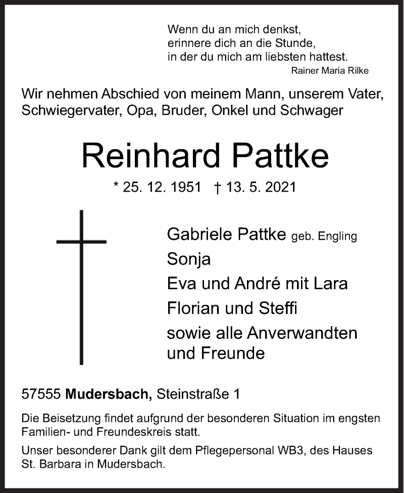  Traueranzeige für Reinhard Pattke vom 17.05.2021 aus Siegener Zeitung