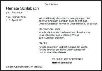 Traueranzeige von Renate Schlabach von Siegener Zeitung