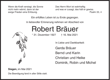 Traueranzeige von Robert Bräuer von Siegener Zeitung