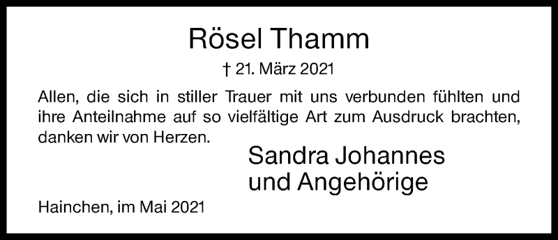  Traueranzeige für Rösel Thamm vom 26.05.2021 aus Siegener Zeitung