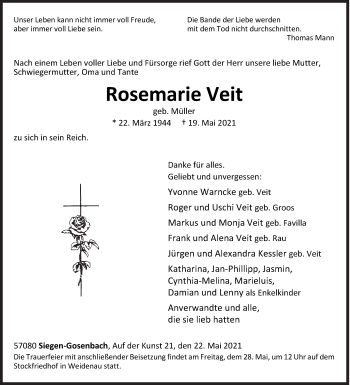 Traueranzeige von Rosemarie Veit von Siegener Zeitung