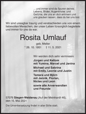 Traueranzeige von Rosita Umlauf von Siegener Zeitung