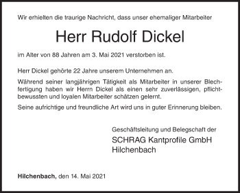 Traueranzeige von Rudolf Dickel von Siegener Zeitung