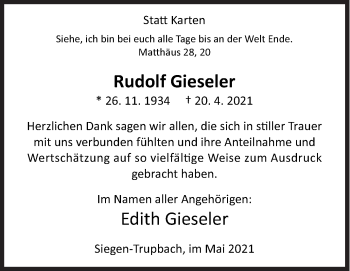 Traueranzeige von Rudolf Gieseler von Siegener Zeitung