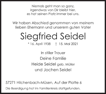 Traueranzeige von Siegfried Seidel von Siegener Zeitung