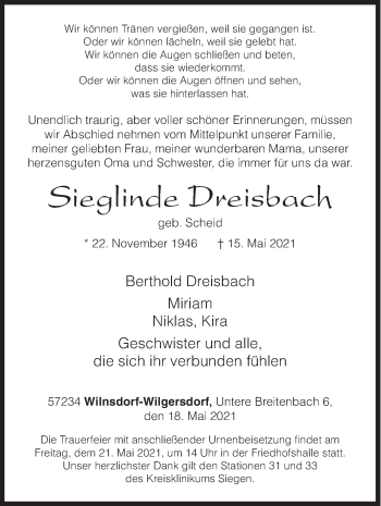 Traueranzeige von Sieglinde Dreisbach von Siegener Zeitung