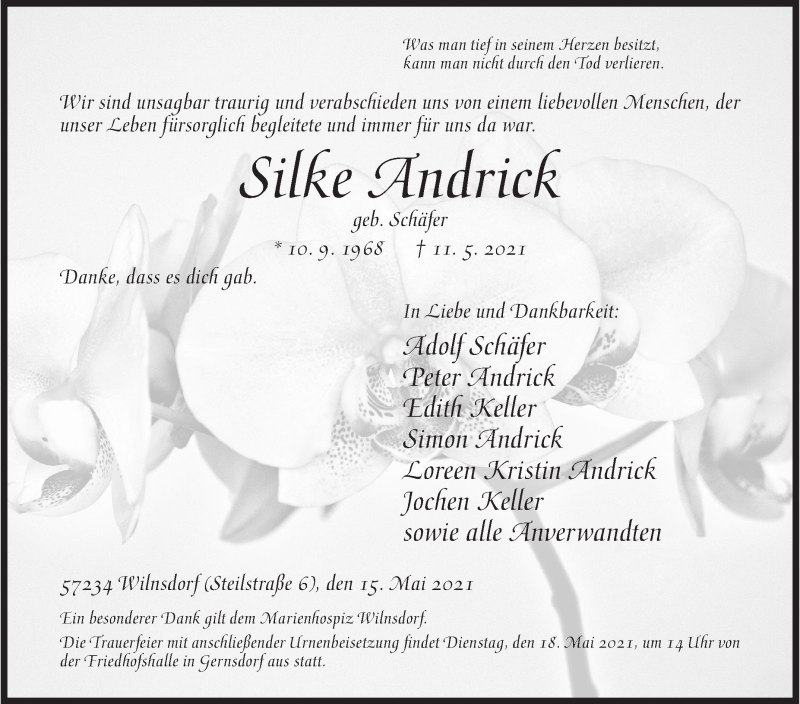  Traueranzeige für Silke Andrick vom 15.05.2021 aus Siegener Zeitung