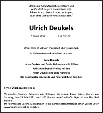 Traueranzeige von Ulrich Deukels von Siegener Zeitung