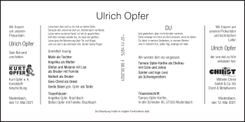 Traueranzeige von Ulrich Opfer von Siegener Zeitung