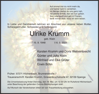 Traueranzeige von Ulrike Krumm von Siegener Zeitung