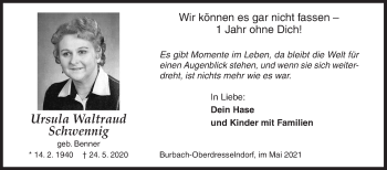 Traueranzeige von Ursula Waltraud Schwennig von Siegener Zeitung