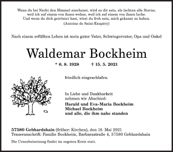 Traueranzeige von Waldemar Bockheim von Siegener Zeitung