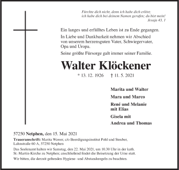 Traueranzeige von Walter Klöckener von Siegener Zeitung