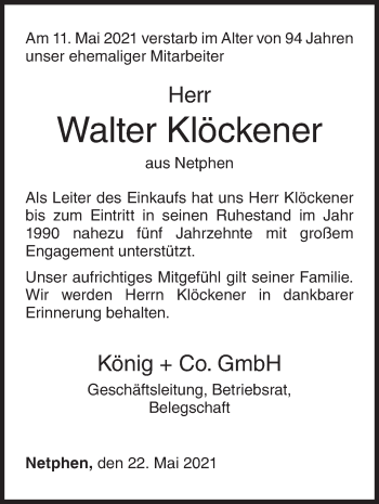 Traueranzeige von Walter Klöckener von Siegener Zeitung