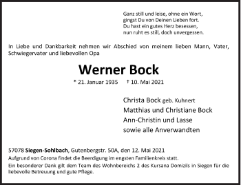Traueranzeige von Werner Bock von Siegener Zeitung