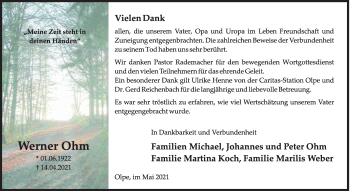 Traueranzeige von Werner Ohm von Siegener Zeitung