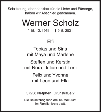 Traueranzeige von Werner Scholz von Siegener Zeitung