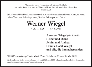 Traueranzeige von Werner Wiegel von Siegener Zeitung