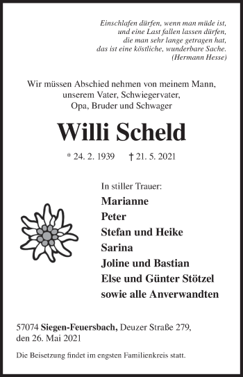 Traueranzeige von Willi Scheld von Siegener Zeitung