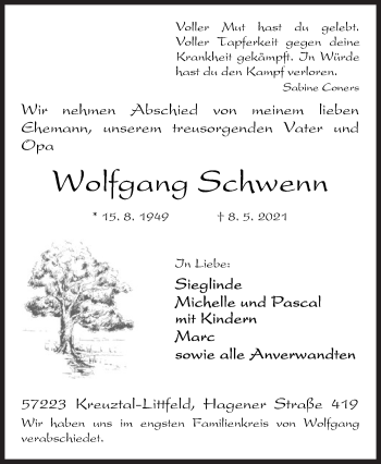 Traueranzeige von Wolfgang Schwenn von Siegener Zeitung