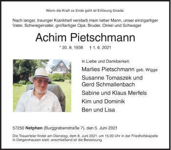 Traueranzeige von Achim Pietschmann von Siegener Zeitung