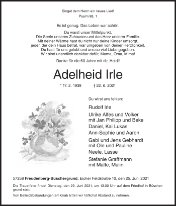 Traueranzeige von Adelheid Irle von Siegener Zeitung