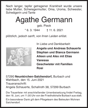 Traueranzeige von Agathe Germann von Siegener Zeitung