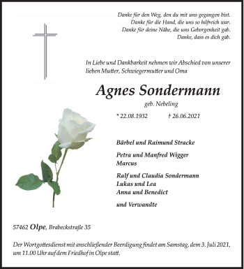 Traueranzeige von Agnes Sondermann von Siegener Zeitung