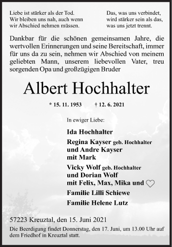 Traueranzeige von Albert Hochhalter von Siegener Zeitung